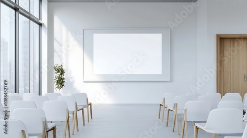 Conference room with rows of seats, digital screen ready for a business presentation, open space for promotional text, deep depth of field photo