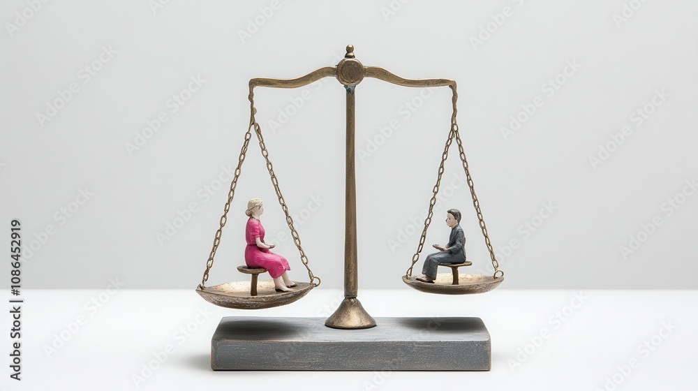 A balance scale with two seated figures representing equality. A balance scale with two seated figures representing equality.