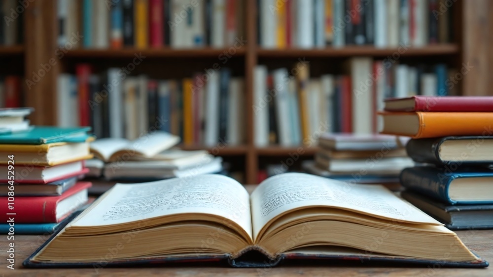 Cozy library scene has a wooden table with an open book and stacks around Cozy library scene has a wooden table with an open book and stacks around