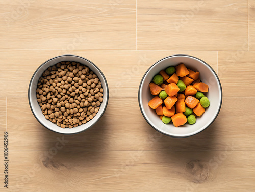 ​A bowl of dry dog food and a healthy dog food photo