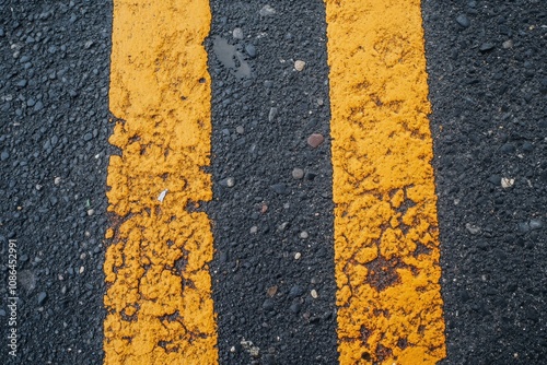 Two parallel yellow lines on asphalt road. photo