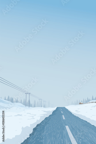 Local road through the countryside landscape covered by white snow have pine forest and blue sky background graphic illustration.