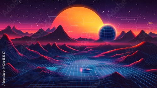 A retro-futuristic landscape with a large sun, mountains, and a grid in the foreground.