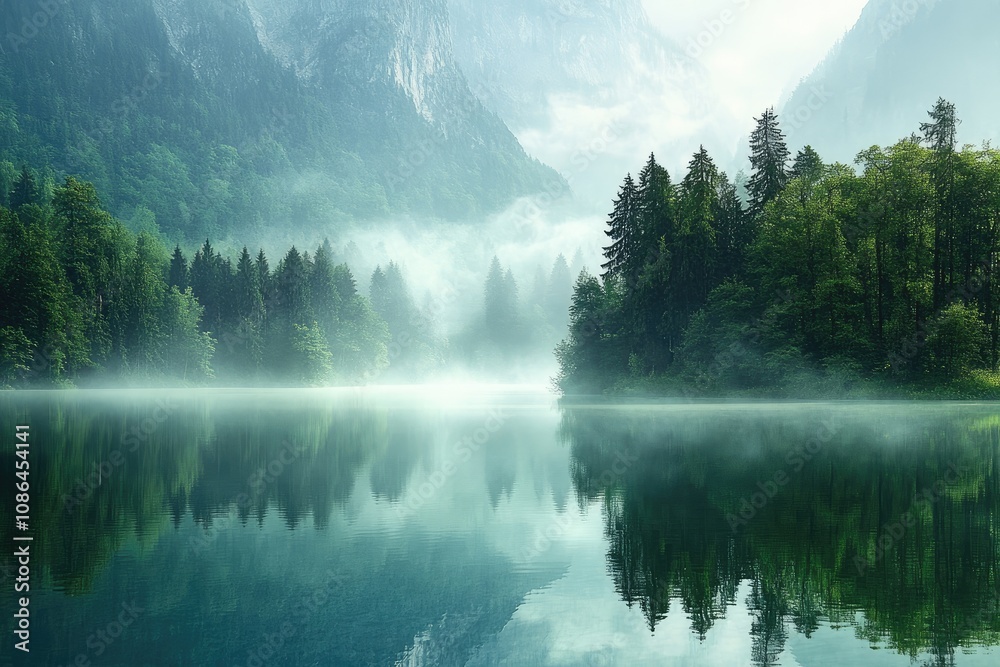Naklejka premium Tranquil Foggy Lake Surrounded by Lush Green Forest and Majestic Mountains