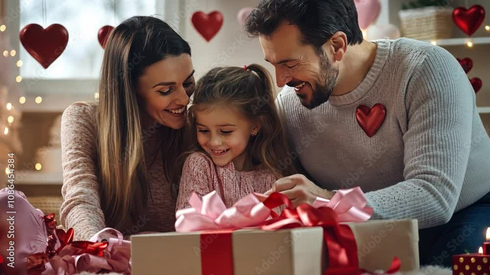 A family with parents and a daughter decorating their home for Valentine's Day, with hearts and ribbons. A family with parents and a daughter decorating their home for Valentine's Day, with hearts and ribbons.