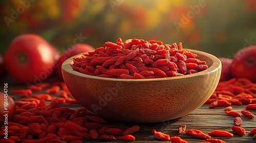 A wooden bowl of dried goji berries, scattered around some red fruits on the table, blurred background, warm tones photo