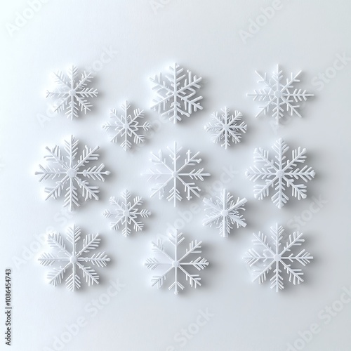 An elegant arrangement of delicate snowflakes, each uniquely shaped and glistening, displayed on a pristine white background. The intricate details of the ice crystals are captured with high