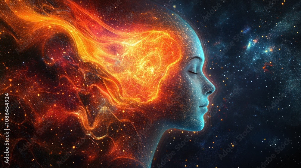 Fototapeta premium Here's a and keyword list for your image.. Serene cosmic woman engulfed in fiery nebula.