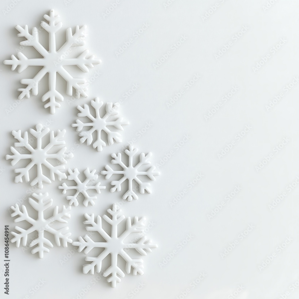 An artistic composition of several snowflakes of varying sizes, elegantly spaced out against a stark white background, resembling a gentle winter snowfall. The contrast between the white snowflakes