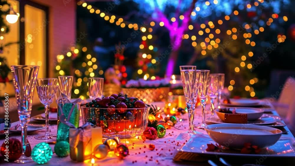 Christmas party with friends and family, a festive table setup with lights and decorations Christmas party with friends and family, a festive table setup with lights and decorations