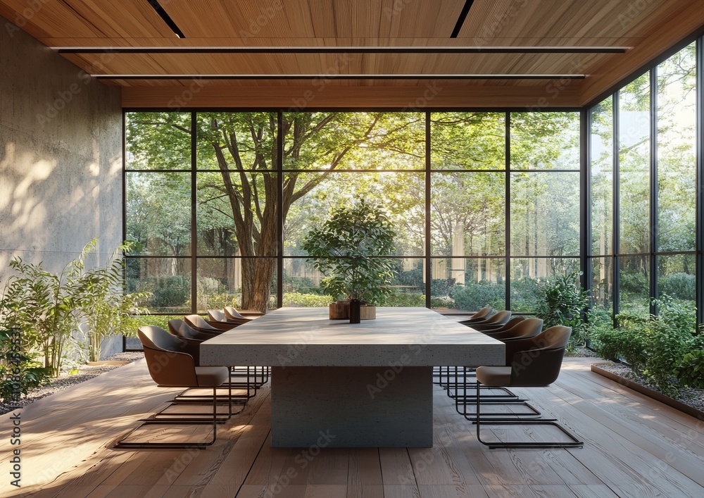 Modern minimalist dining room with large windows overlooking a lush green garden. Modern minimalist dining room with large windows overlooking a lush green garden.