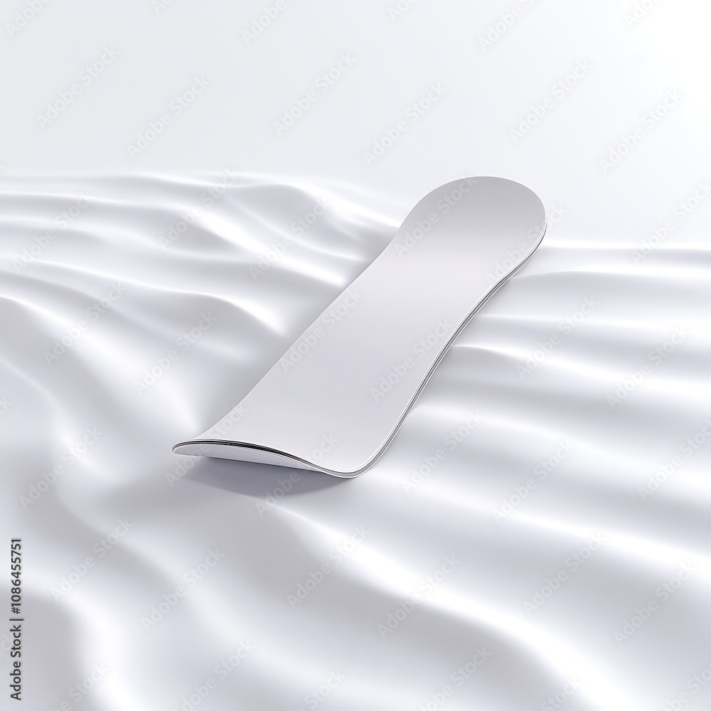 A close-up view of a premium snowboard deck resting against a soft, white backdrop. The image highlights the craftsmanship and intricate details of the board, along with high-quality bindings A close-up view of a premium snowboard deck resting against a soft, white backdrop. The image highlights the craftsmanship and intricate details of the board, along with high-quality bindings