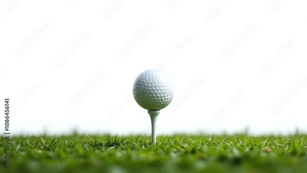 Golf tee and golf ball on a white background with fresh-cut grass around Golf tee and golf ball on a white background with fresh-cut grass around