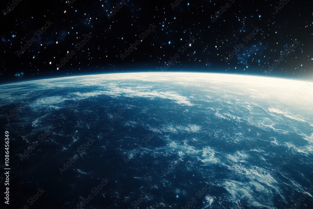 Fototapeta premium A breathtaking view of Earth from space, showcasing its blue oceans, swirling clouds, and a starry backdrop.