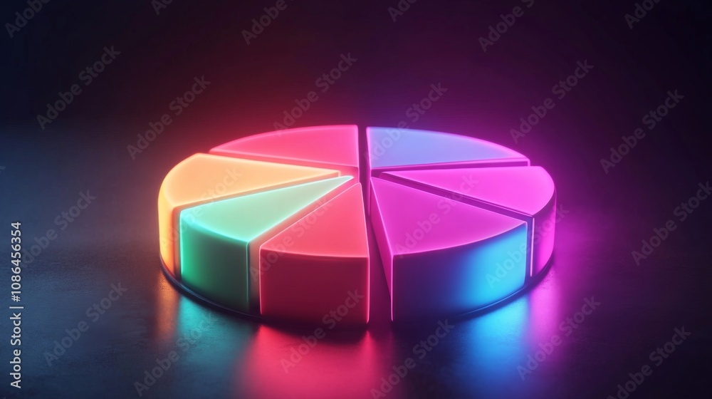 Obraz premium Vibrant Neon Pie Chart with Colorful Segments Illuminated in a Dark Background, Symbolizing Data and Trend Analysis in a Modern Context