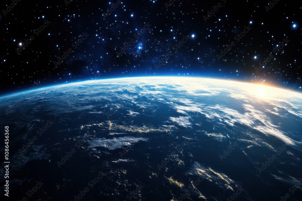 Obraz premium A breathtaking view of Earth from space, showcasing its blue oceans, white clouds, and a sliver of sunlight breaking through the horizon against a backdrop of twinkling stars.