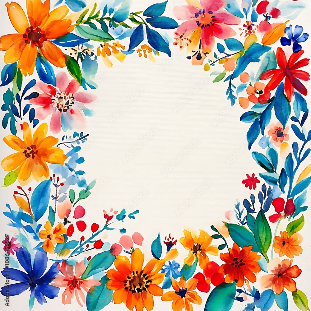 Obraz premium Watercolor Painting of a Floral Frame with a White Center