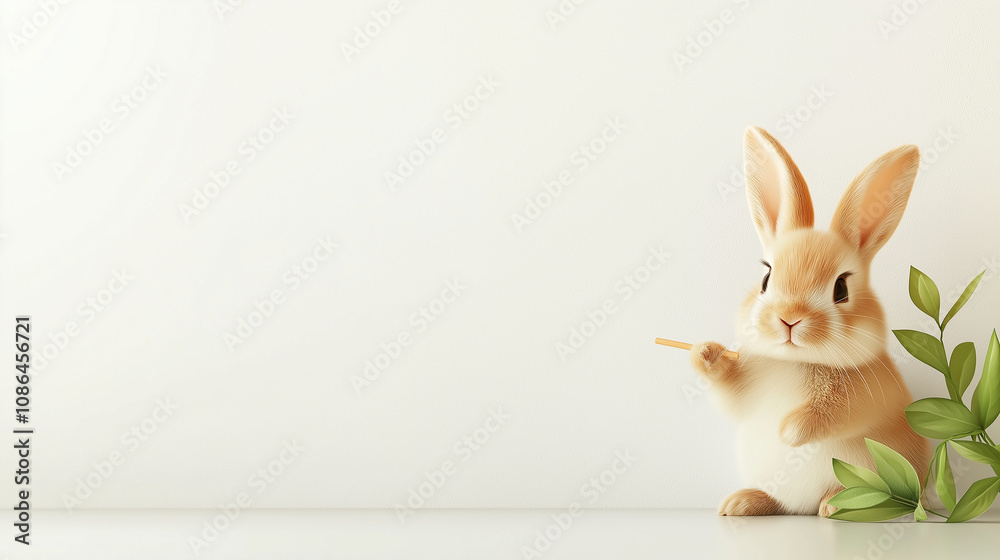 Obraz premium adorable bunny holding chalk beside green leaves, ready to create!