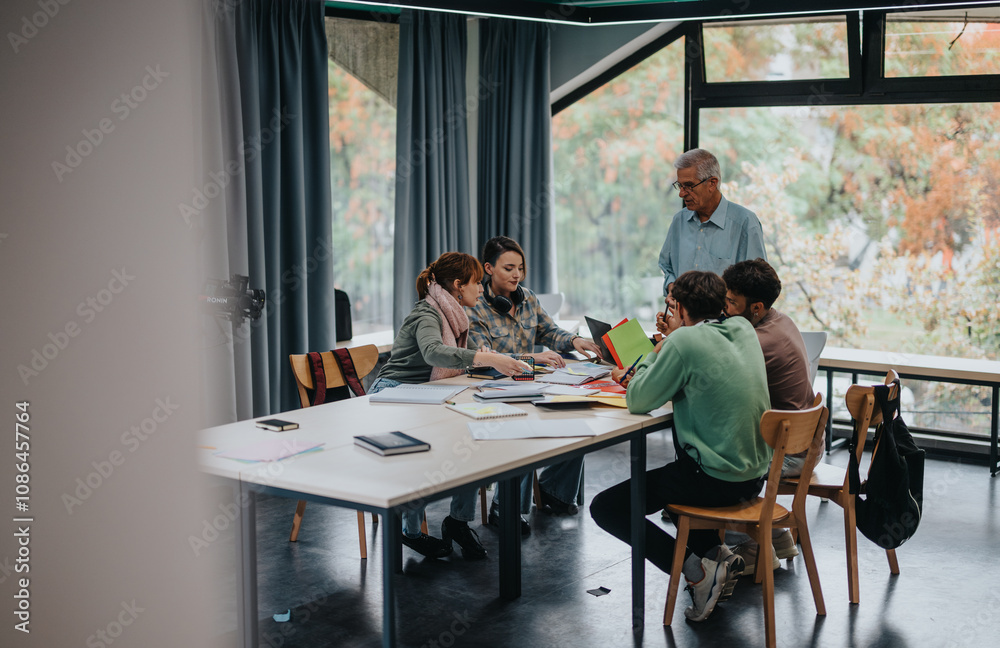 A group of university students working together on a project in a spacious classroom, guided by their senior professor. Teamwork and academic collaboration are evident in this educational setting. A group of university students working together on a project in a spacious classroom, guided by their senior professor. Teamwork and academic collaboration are evident in this educational setting.