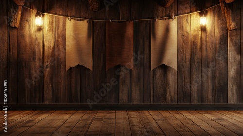 Wooden interior with spotlights and hanging cloth. photo