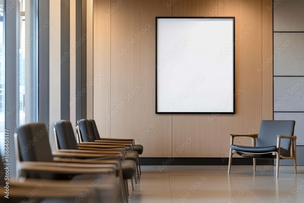 Modern waiting area with blank frame and chairs. Modern waiting area with blank frame and chairs.