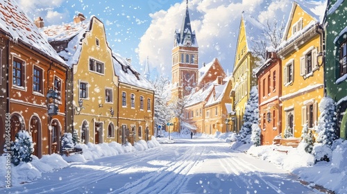 Charming old town square in winter, with snow-covered rooftops and a peaceful, festive atmosphere