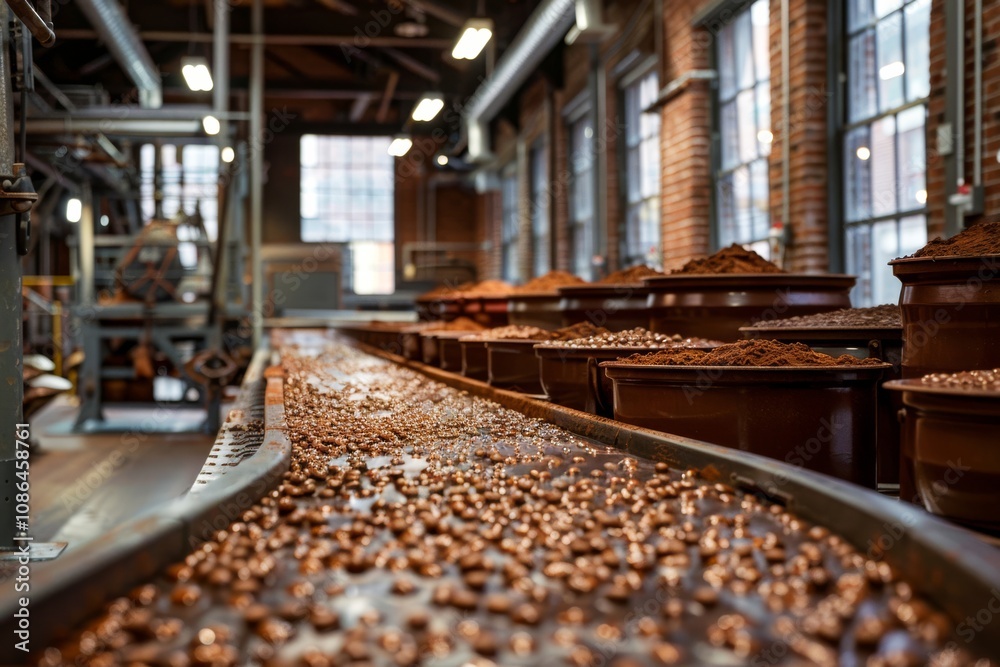 A chocolate factory tour scene, where visitors observe the artisanal chocolate-making process, highlighting the craftsmanship and quality of the products A chocolate factory tour scene, where visitors observe the artisanal chocolate-making process, highlighting the craftsmanship and quality of the products