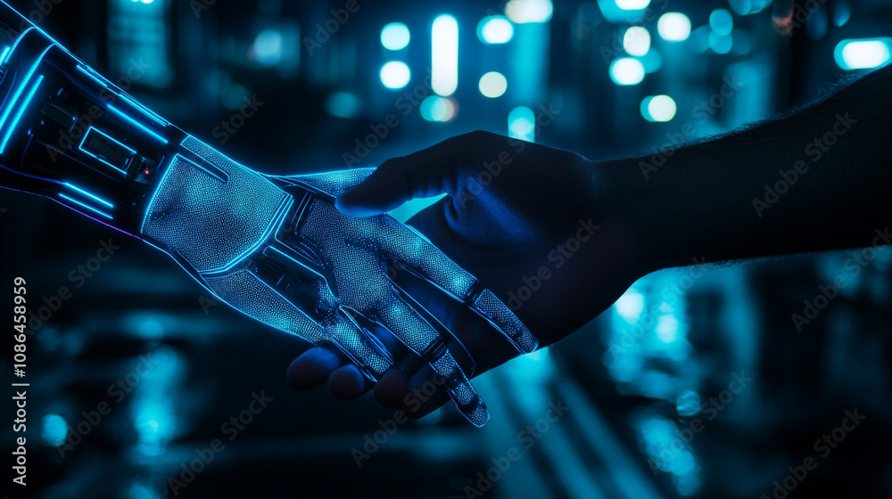 Fototapeta premium Human and robotic hand reaching out to connect in a futuristic city at night