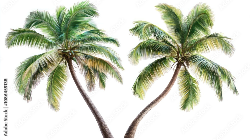 Obraz premium Two tall, lush green palm trees with bent trunks stand isolated on a white background.