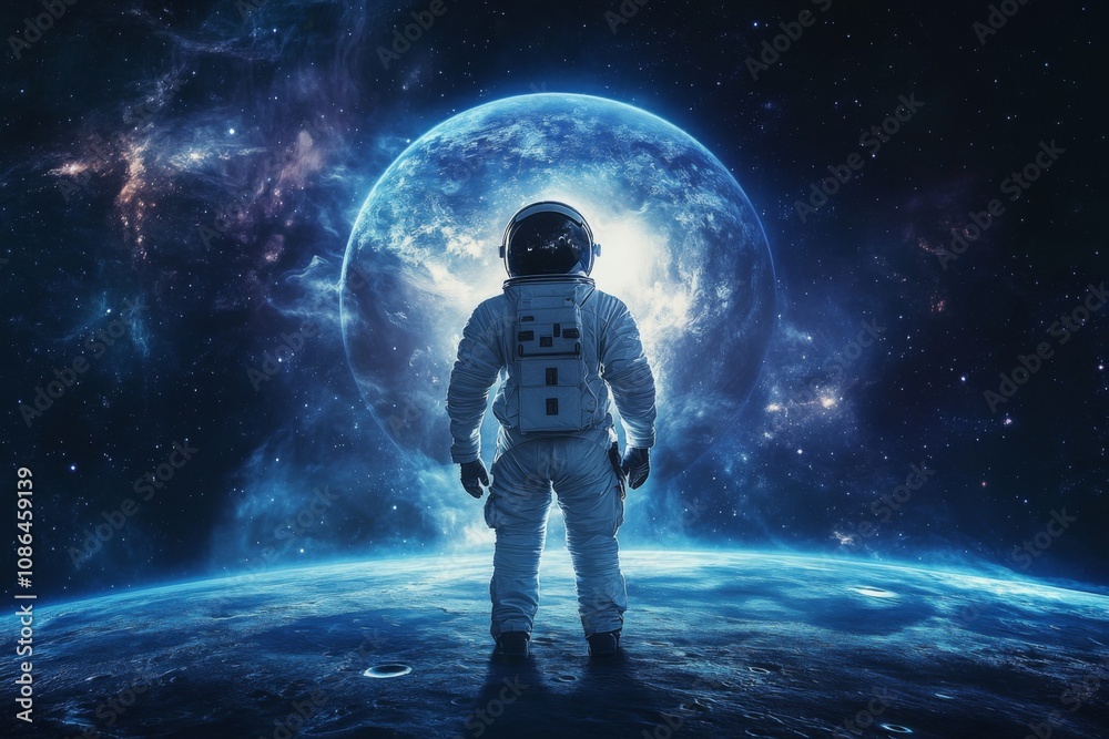 astronaut in white space suit, standing on the new planet in the space astronaut in white space suit, standing on the new planet in the space