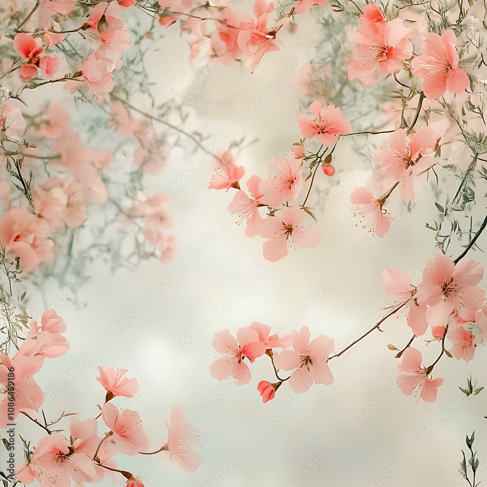 Delicate Pink Flowers Blooming on a Branch Against a Soft, Light Background Delicate Pink Flowers Blooming on a Branch Against a Soft, Light Background