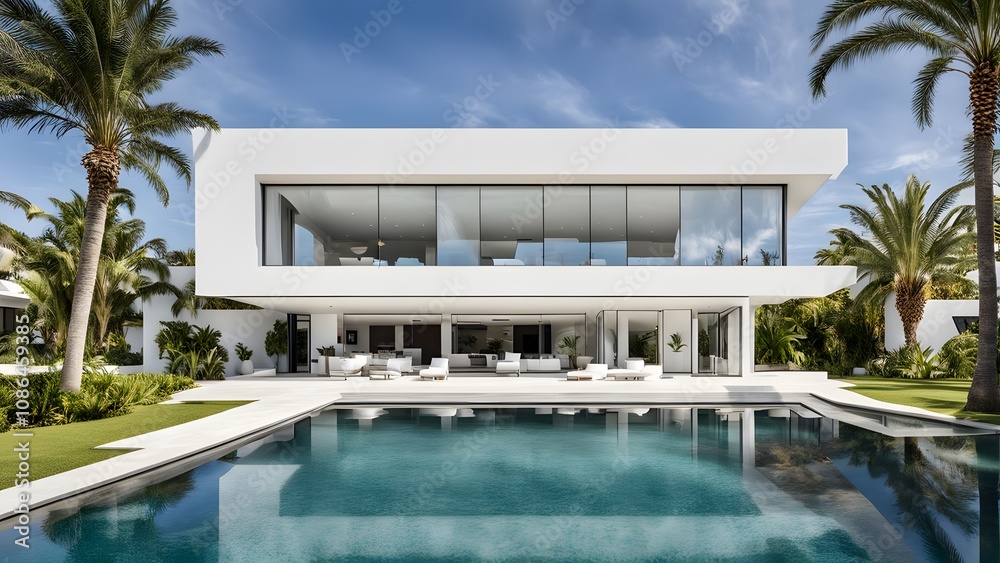 Fototapeta premium Luxury modern villa with white walls infinity pool and palm trees, AI Generated
