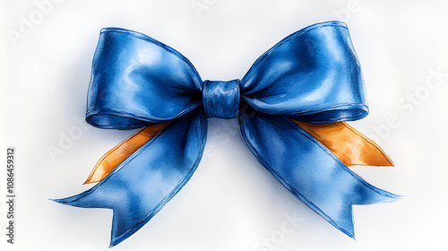 A detailed watercolor painting of a luxurious blue velvet bow, tied beautifully with intricate details, on a white canvas