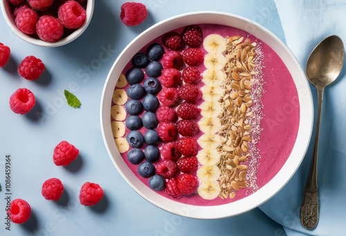 A colorful acai smoothie bowl topped with chia seeds, fruits, and bee pollen