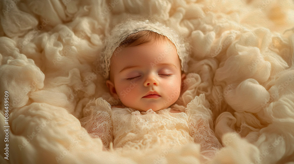 sleeping baby in wool dress and beige headband