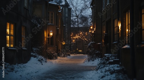 Cozy winter night in an old town with snow-covered paths, warm lights in windows, and vintage architecture