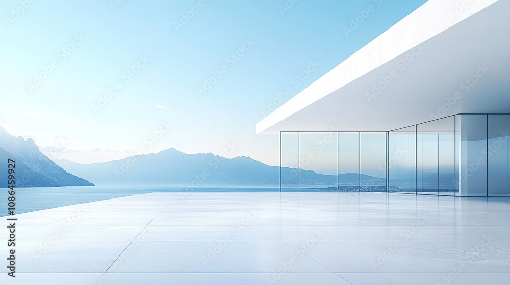 A modern white building with large glass windows overlooking the sea, with a clear blue sky and mountains in the background A modern white building with large glass windows overlooking the sea, with a clear blue sky and mountains in the background