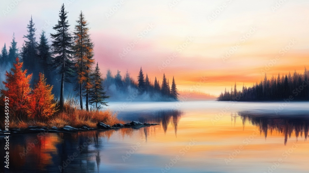 Fototapeta premium Serene Autumn Landscape with Misty Lake and Vibrant Foliage at Sunrise, Capturing the Beauty of Nature's Reflections and Tranquility at Dawn.