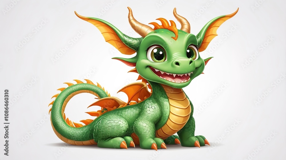 Playful cartoon green dragon, smiling with big eyes, ideal for festival illustrations, white backdrop. Playful cartoon green dragon, smiling with big eyes, ideal for festival illustrations, white backdrop.