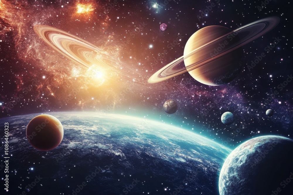 Multiple Planetary System A colorful and vibrant depiction of a solar system with multiple ...