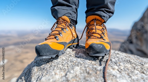 Vivid orange climbing boots firmly grasp a rugged rock edge, embodying strength and adventure against a vast mountainous backdrop.