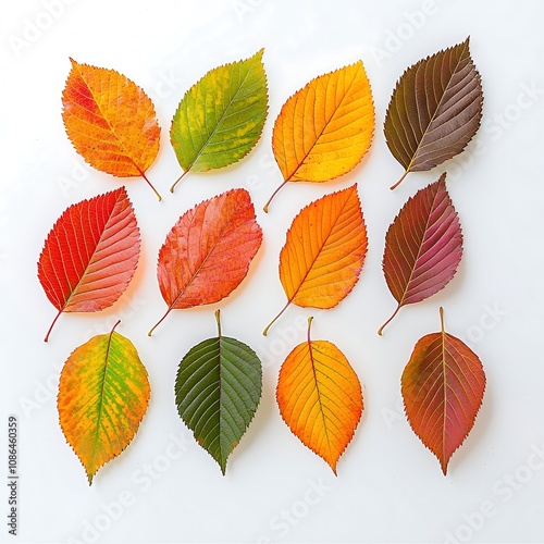 A delicate arrangement of freshly fallen leaves, showcasing a rainbow of autumn hues against a stark white background. The photo captures the essence of fall with attention to detail, revealing the