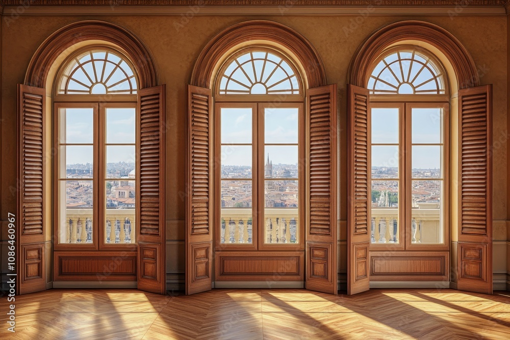 Three arched windows with wooden shutters open to reveal a cityscape view. Three arched windows with wooden shutters open to reveal a cityscape view.
