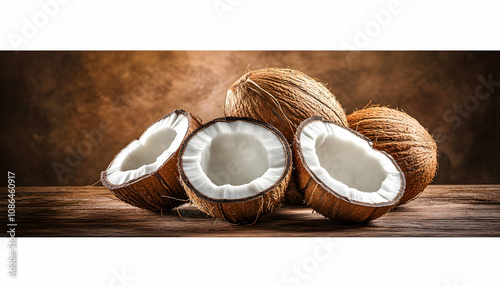 Delicious whole and halved coconuts on rustic wooden surface; tropical fruit, healthy snack, exotic food photography.