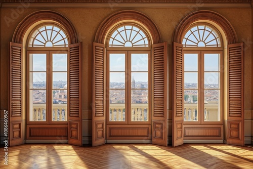 Three arched windows with wooden shutters open to reveal a cityscape view.