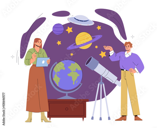 Space exploration people. Man and woman near telescope and planets. Astronomy and astrology. Cosmos investigation. Universe discovery. Flat vector illustration isolated on white background