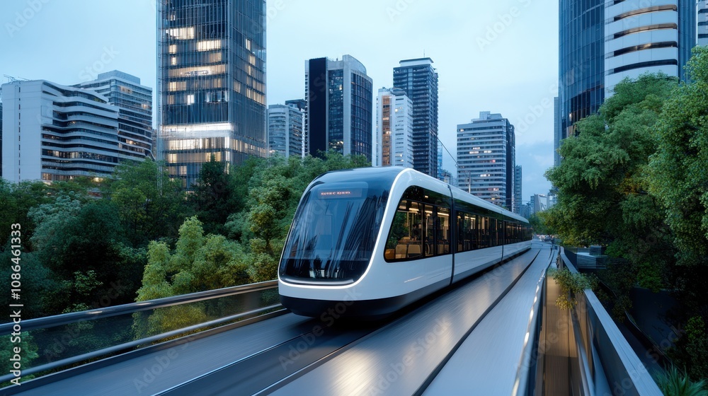 Fototapeta premium Modern tram on elevated track amidst urban skyline at dusk.