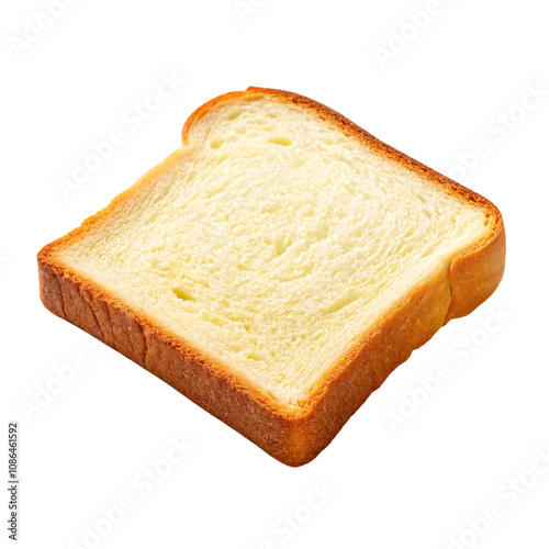 A fluffy, angled view of a white bread slice with a toasted crust, showcasing its pillowy texture and golden edges, set against a transparent background
