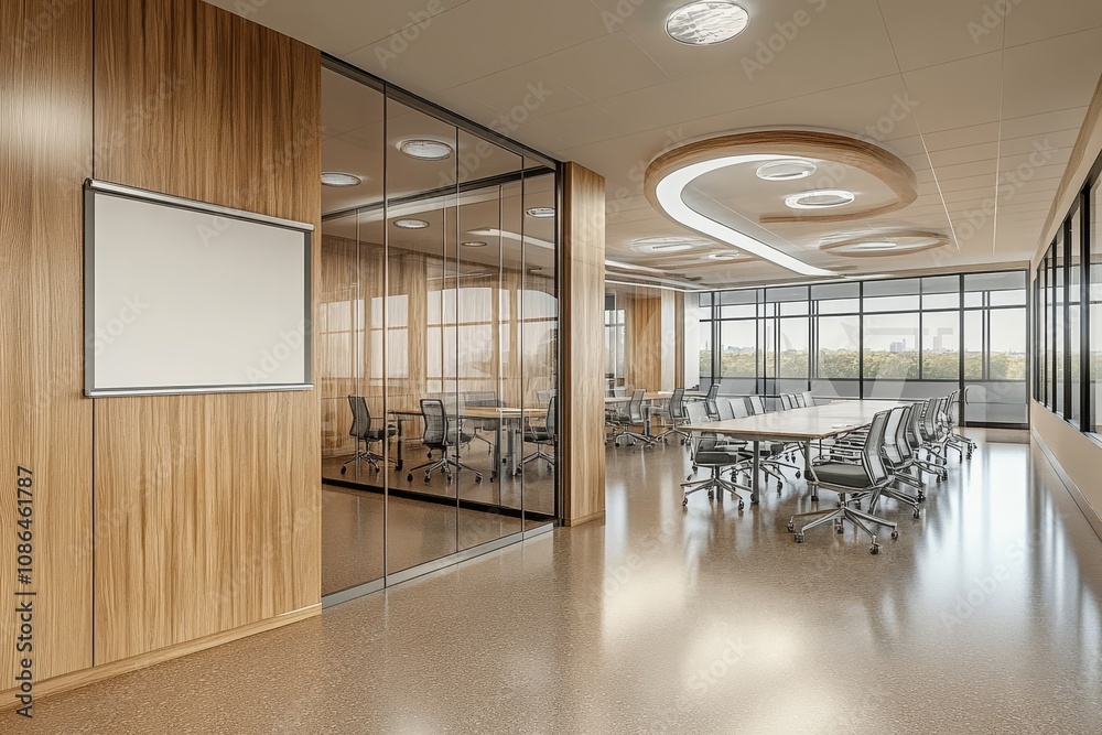 Fototapeta premium Modern office conference room with glass walls and large windows, a long table with chairs and a blank whiteboard.