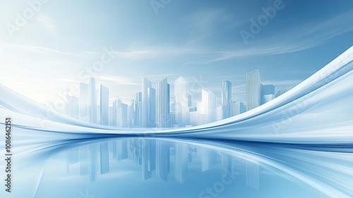 Blue background, technology city skyline, white waves and curves, gradient light blue color scheme, simple style, flat composition